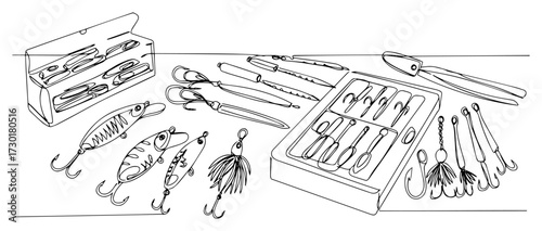 Continuous Line Drawing of Fishing Equipment and Gear