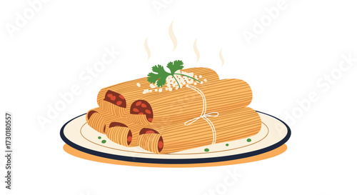 Steaming hot enchiladas stacked high on a white plate garnished with fresh cilantro and chopped green onions.