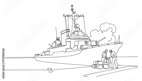One Line Art of a Naval Warship Docked at a Pier