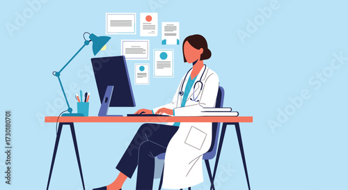 Doctor using a computer at a desk with medical charts and a lamp providing light.