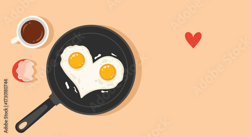 A delightful breakfast featuring heart shaped fried eggs in a pan with a cup of coffee and a small piece of toast.