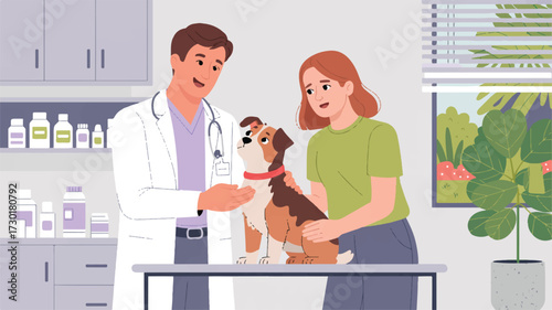 Vector art of veterinarian examining a dog with its owner at the clinic