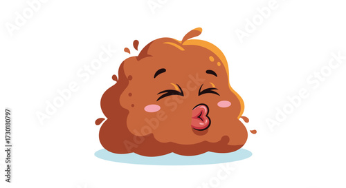 A cute cartoon poop character making a kissing face and puckering its lips with rosy cheeks, isolated on a white background.