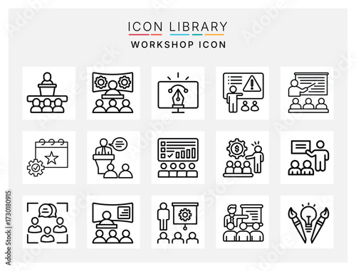 Professional workshop icon set with corporate training, brainstorming, teamwork, leadership, and business education flat illustrations