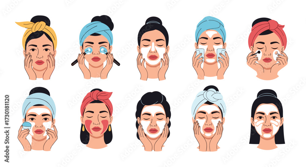 Fototapeta premium Illustrations of diverse women applying facial masks and skincare treatments.