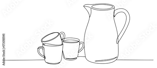 One Single Line Drawing of a Pitcher and Stacked Mugs