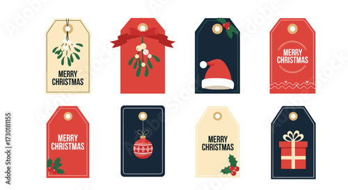Collection of festive Christmas gift tags with holiday greetings and seasonal icons for presents and decorations.