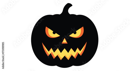 A spooky black jack o lantern with glowing orange eyes and a jagged grin watches over the night.