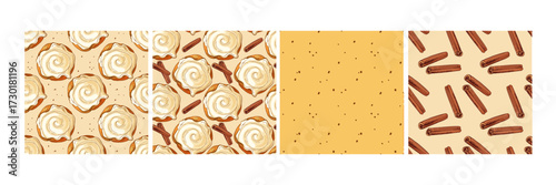 Seamless Pattern set with Cinnamon Bun, Roll, cinnamon stick backgrounds. Pastry sweet bakery. Buns Repeated backgrounds for wallpaper, wrapping, textile, scrapbooking. Set of four prints.