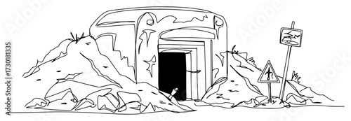 One Single Line Drawing of an Old Military War Bunker