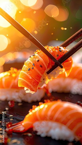 Salmon Sushi Displayed on Black Slate Plate with Dramatic Sunlight Effect