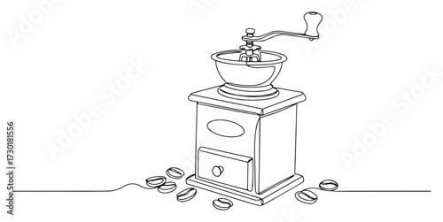 Vintage Manual Coffee Grinder with Beans in a Single Line Drawing
