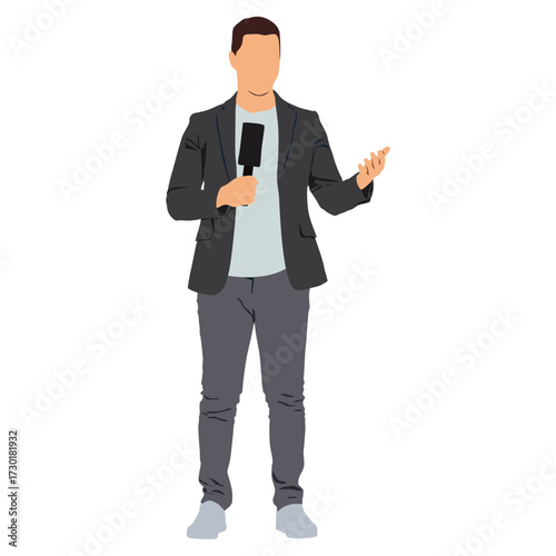 Young male News Reporter Talking With A Handheld Microphone In Live Broadcast.