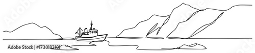 One Line Drawing of a Fishing Boat in a Fjord Landscape