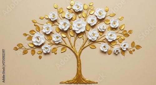 White blossom tree mural on warm beige with gold accents — sophisticated 3D embossed floral wallpaper for modern interiors