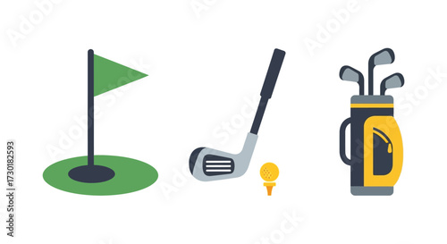 Golf equipment set with flag, golf club, ball