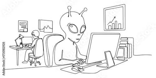 Continuous Line Drawing of an Alien Working in an Office