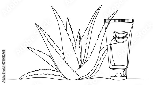 Single Continuous Line Drawing of an Aloe Vera Plant and Cosmetic Cream