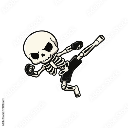 Cartoon illustration of a skeleton fighter performing a powerful kick, wearing shorts and gloves, with an intense expression and dynamic martial arts pose.