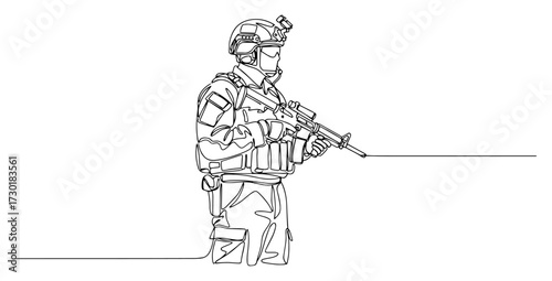One Line Art of a Soldier in Full Tactical Gear with Rifle