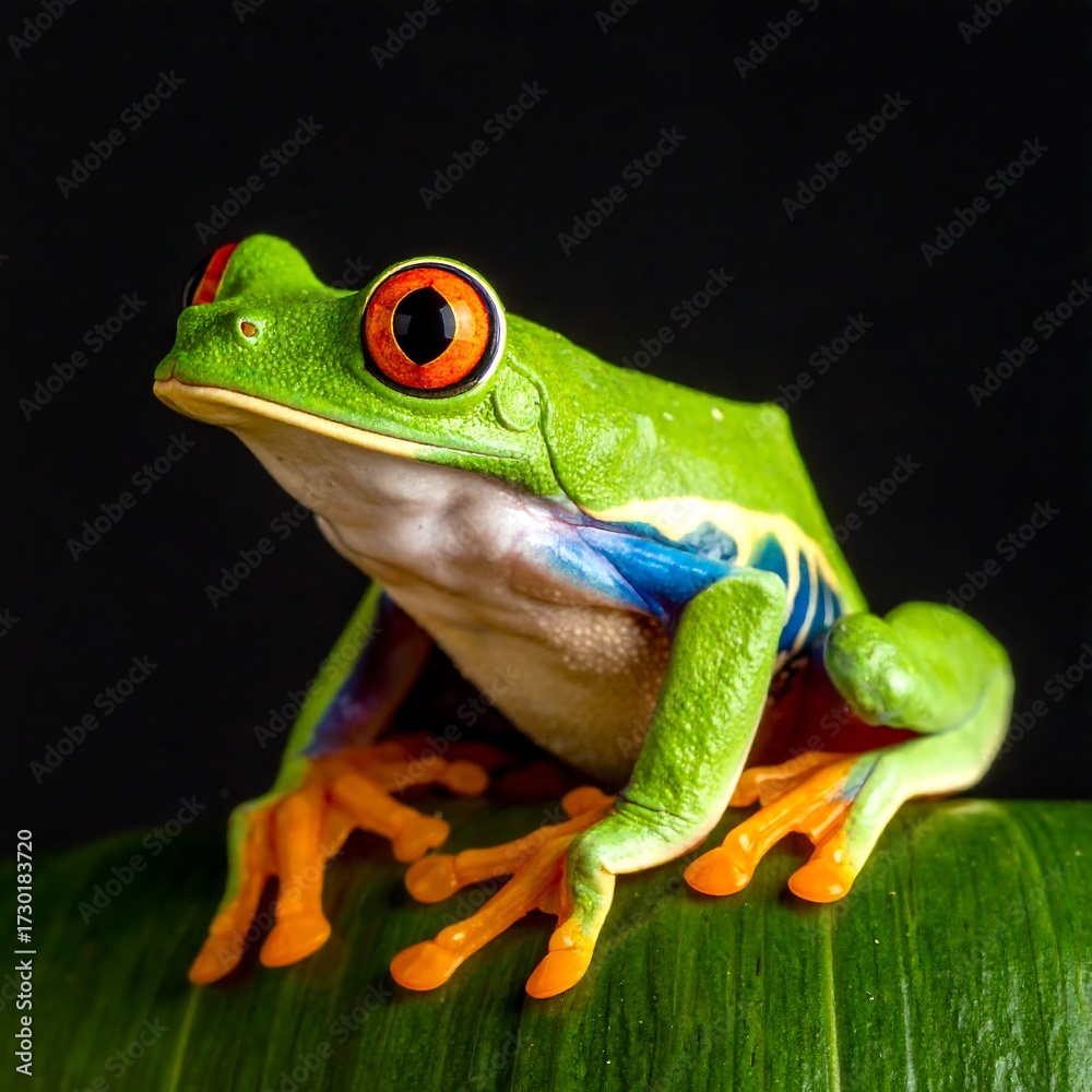 Fototapeta premium Vibrant green frog with orange feet and red eyes perched on a leaf against a black background