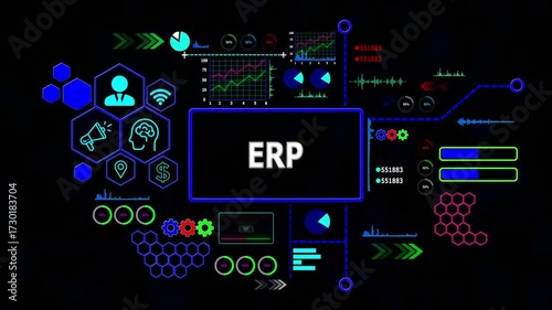 Erp concept with Data Analytics, Business Graphics, loading bar, gearbox, Asymptotic smart data analytic,4k video