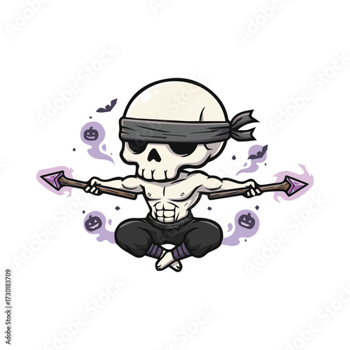 Cartoon illustration of a blindfolded skeleton warrior meditating while floating, holding two magical spears with glowing purple energy and surrounded by mystical elements.