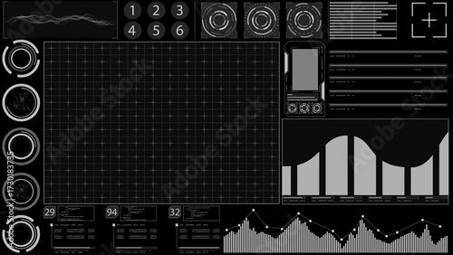 Futuristic HUD User Interface Dashboard with Graphs, Data Charts, and Grid Panels for Technology and Sci-Fi Concepts. 3D Rendering