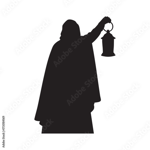 Silhouette of a cloaked figure holding a lantern isolated on white background the figure is standing in the dark, holding the lantern up to light the way