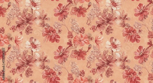 Pink blossom wallpaper on beige parchment — vintage watercolor floral mural with a seamless repeat.