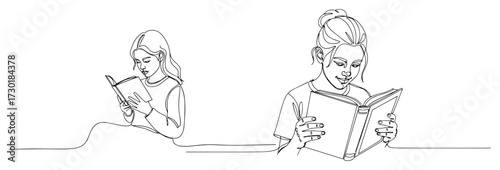 Young Woman Reading a Book in a Continuous Line Drawing Set