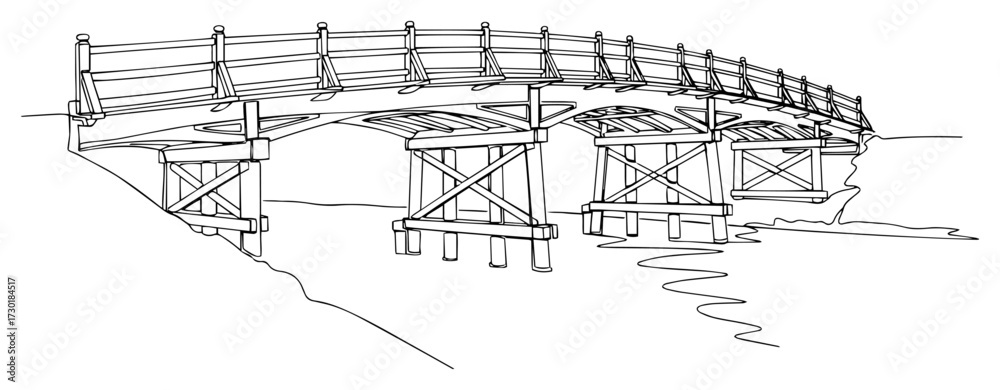 Obraz premium Old Wooden Bridge Over a River in One Continuous Line