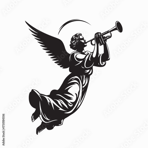Angel with Wings Blowing Trumpet Vector Illustration Isolated on White Background