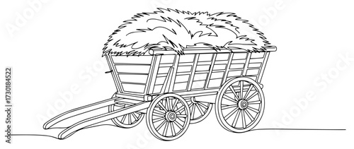 Old Wooden Farm Cart with Hay in a Continuous Line Drawing