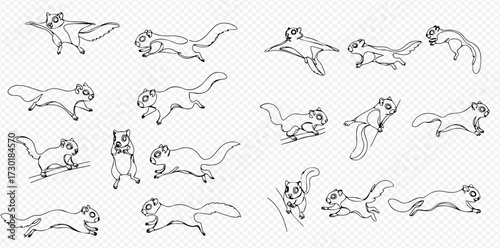 A collection of black and white line art illustrations of a cartoon flying squirrel in various dynamic poses, including running, jumping, and gliding.