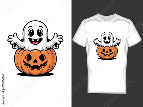 Ghost Peeking From Inside Pumpkin Patch Cute Halloween T-Shirt Design