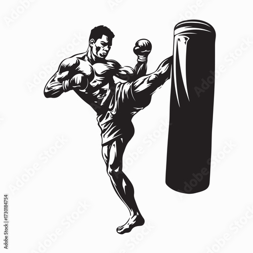 Silhouette of Kickboxing Athlete Kicking Punching Bag Vector Illustration on White Background