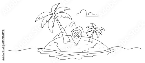One Line Art of a Tropical Island with a Map Location Pin
