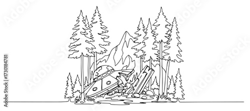 Crashed UFO in a Forest Continuous One Line Drawing