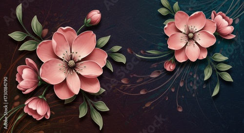 Cherry blossom wallpaper on a dark teal gradient with golden sparkles — romantic watercolor mural for bedrooms.