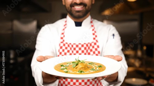 Chef Presents Delicious Indian Butter Chicken Dish in Restaurant Kitchen