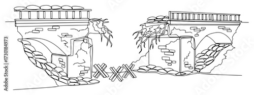Old Ruined and Broken Bridge in a Continuous Line Art Style