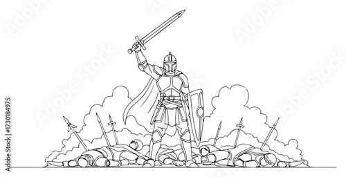 Victorious Knight with a Sword on a Battlefield in One Line Art