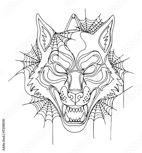 Continuous Line Drawing of a Fierce Wolf Head with Spiderwebs