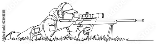 Sniper Aiming a Rifle While Lying in the Grass One Line Drawing