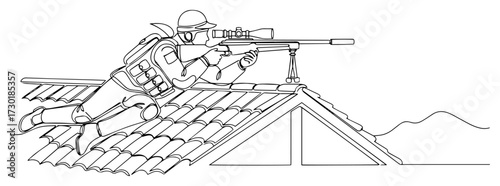 Soldier Sniper Aiming a Rifle from a Rooftop Continuous Line Art