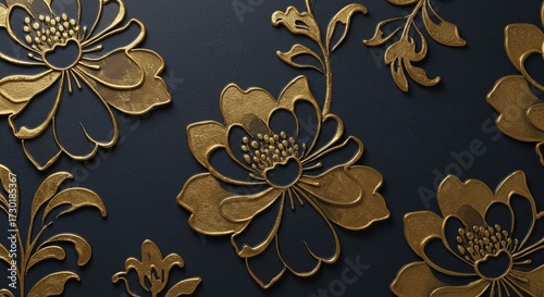 Gold bas-relief floral mural on a deep navy background — elegant 3D embossed wallpaper with ornamental scrolls.