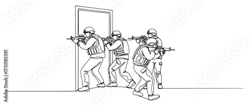 Special Forces SWAT Team Breaching a Door Continuous Line Drawing