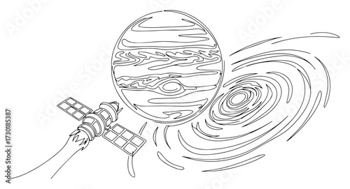 Satellite Flying Towards Jupiter and a Black Hole One Line Art
