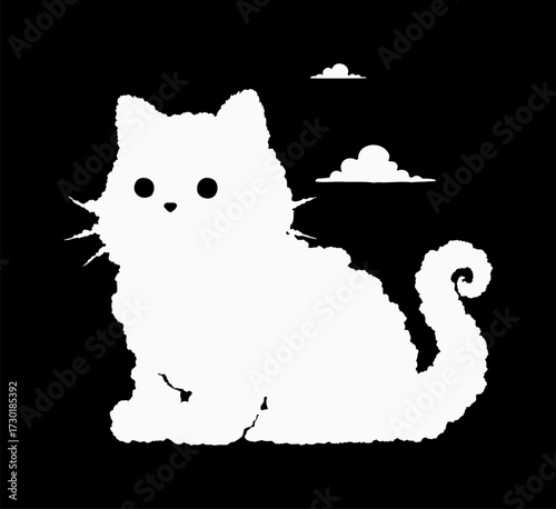 Whimsical white fluffy cat silhouette against a dark sky with clouds